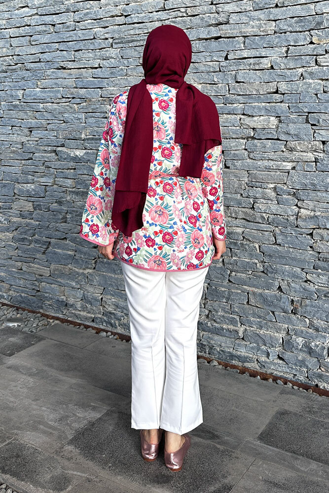 Keten Desenli Kimono - Pembe - 5