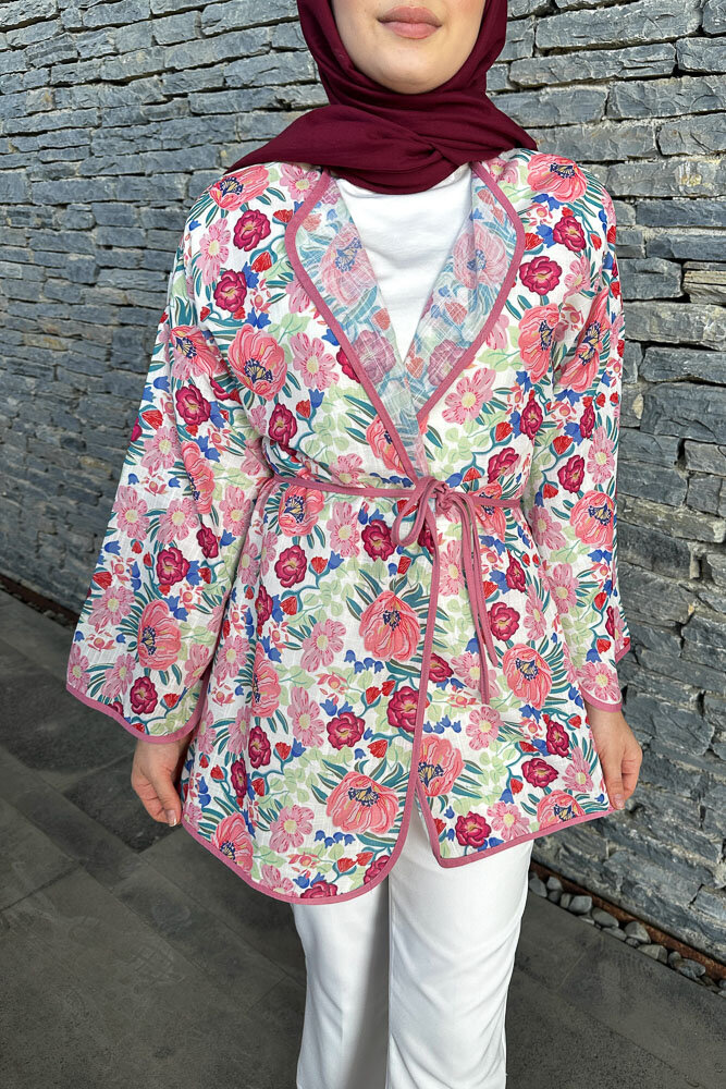 Keten Desenli Kimono - Pembe - 3