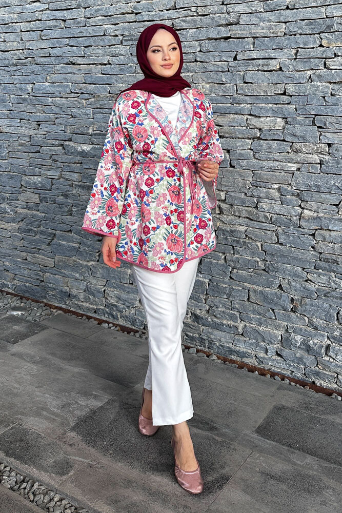Keten Desenli Kimono - Pembe - 1