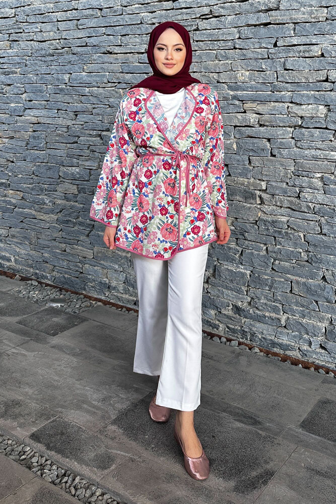Keten Desenli Kimono - Pembe - 4