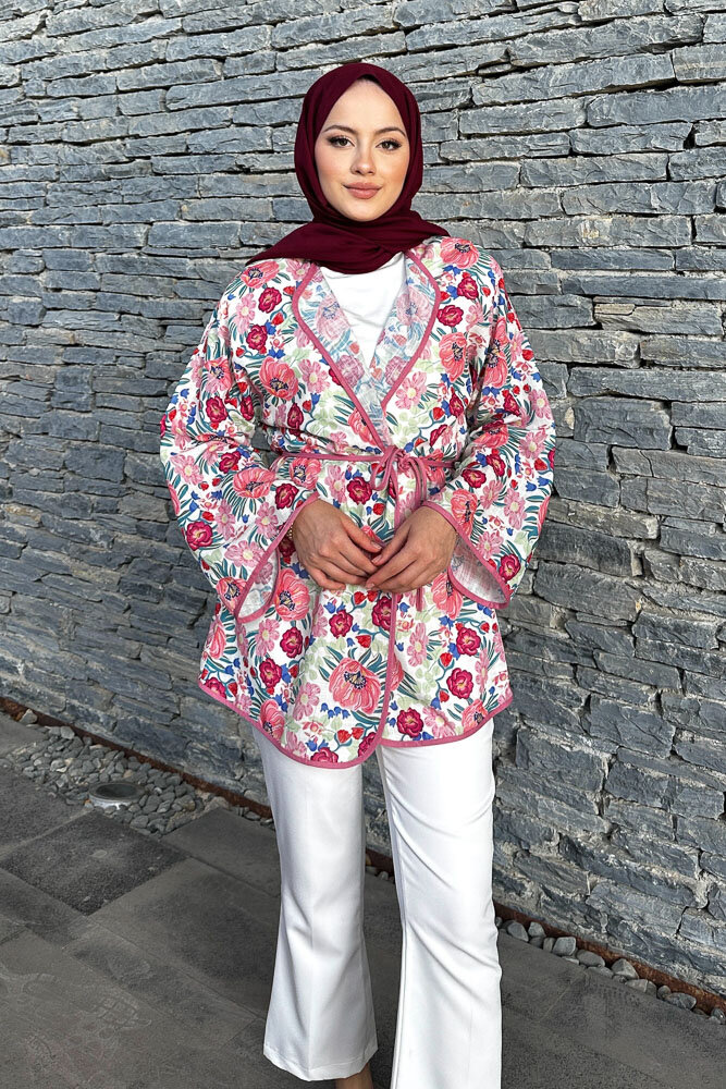 Keten Desenli Kimono - Pembe - 2