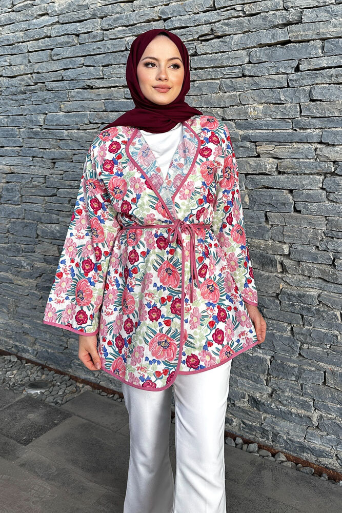 Keten Desenli Kimono - Pembe - 6