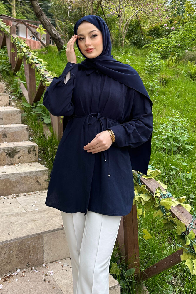 Keten İnce Kemerli Gömlek - Lacivert - 8