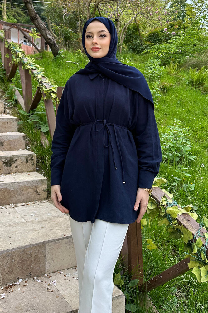 Keten İnce Kemerli Gömlek - Lacivert - 3