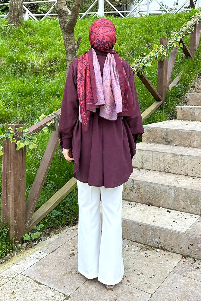 Keten İnce Kemerli Gömlek - Mürdüm - 8