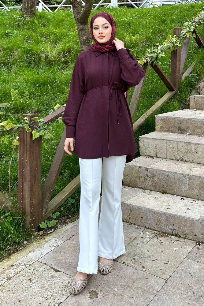 Keten İnce Kemerli Gömlek - Mürdüm - 1