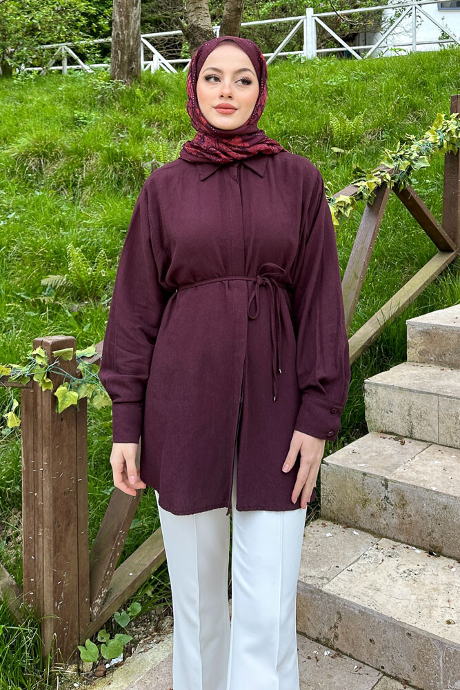 Keten İnce Kemerli Gömlek - Mürdüm - 3