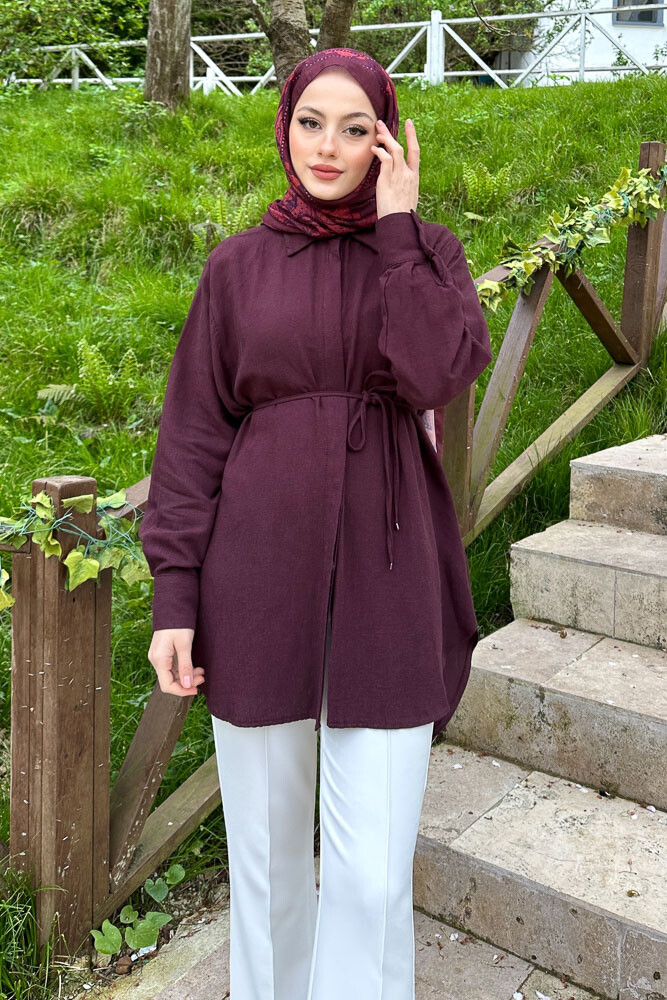 Keten İnce Kemerli Gömlek - Mürdüm - 5