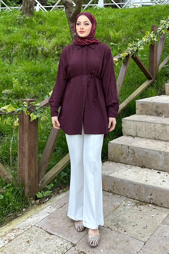 Keten İnce Kemerli Gömlek - Mürdüm - 4