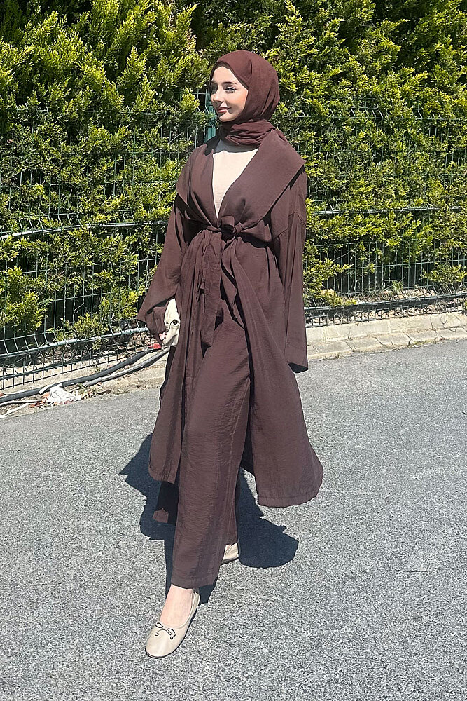 Kimono Pantolon Takım - Kahverengi - 6