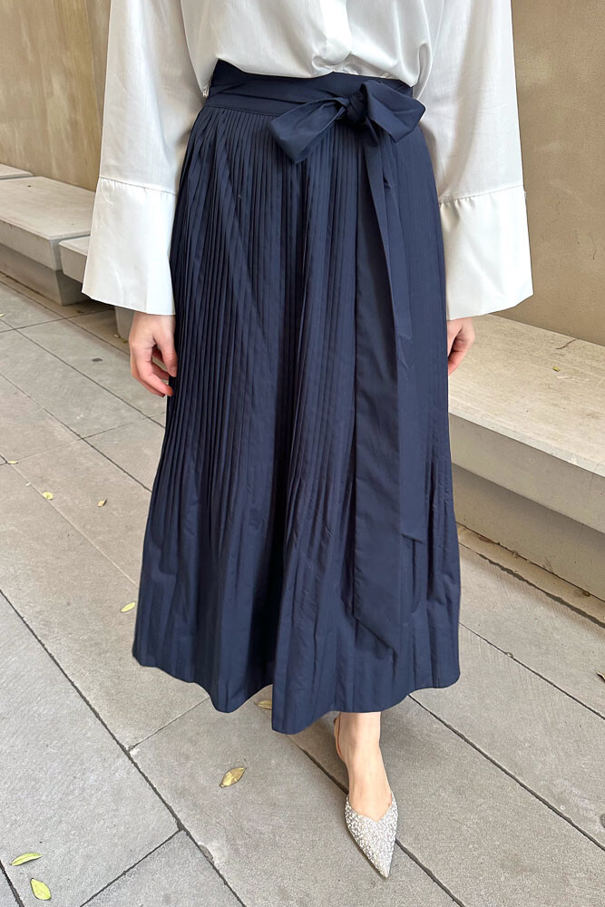 Kırık Piliseli Poplin Etek - Lacivert - HENZA (4)