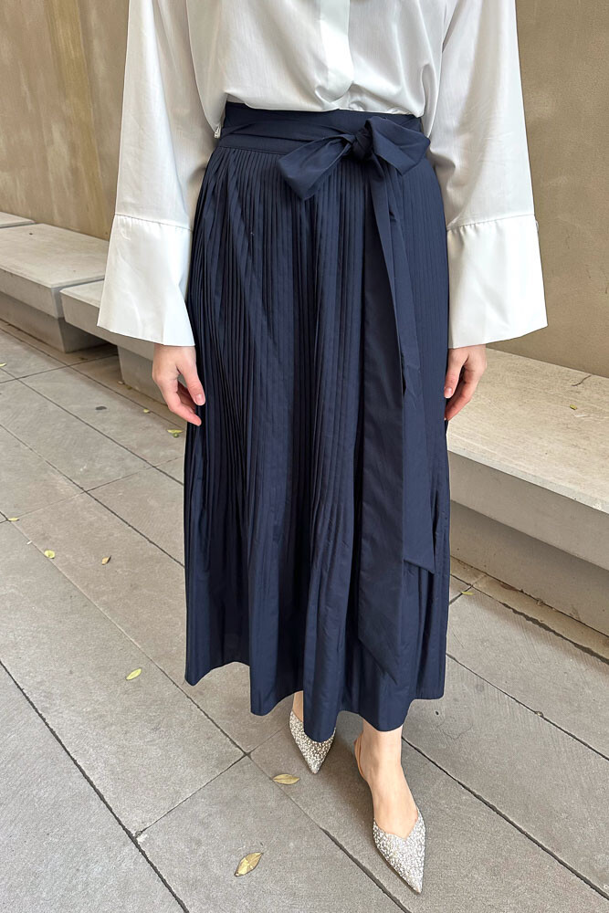 Kırık Piliseli Poplin Etek - Lacivert - HENZA (5)