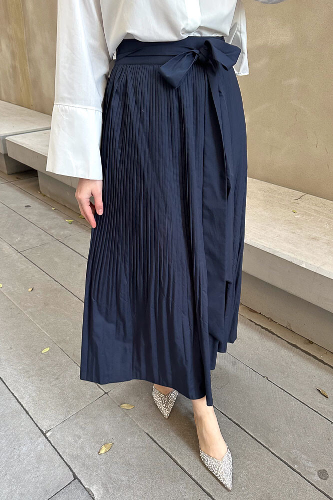 Kırık Piliseli Poplin Etek - Lacivert - HENZA (3)