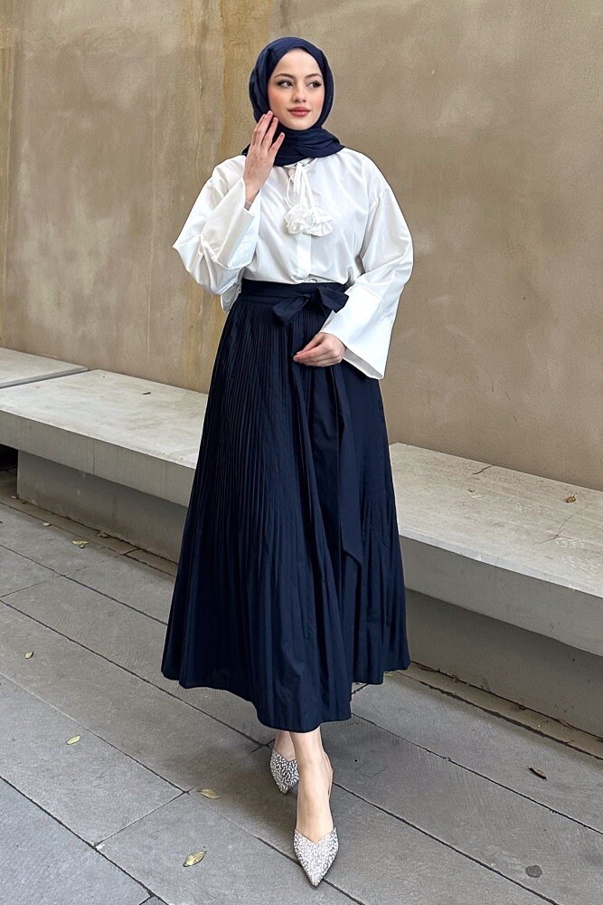 Kırık Piliseli Poplin Etek - Lacivert - HENZA (2)