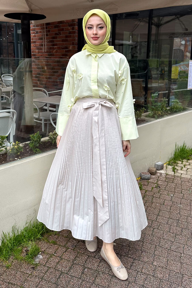 Kırık Piliseli Poplin Etek - Taş Rengi - HENZA (1)