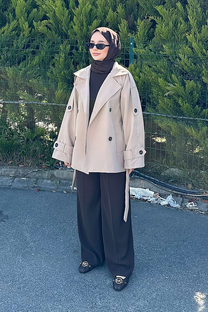 Kısa Astarlı Klasik Kemerli Trençkot - Bej - PUANE (0)