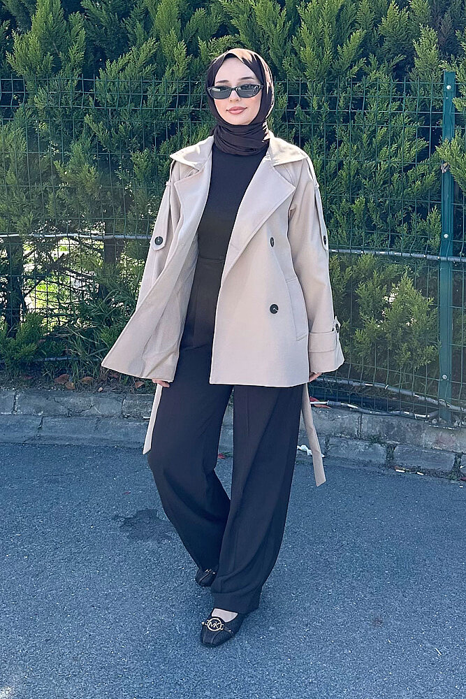 Kısa Astarlı Klasik Kemerli Trençkot - Bej - PUANE (3)
