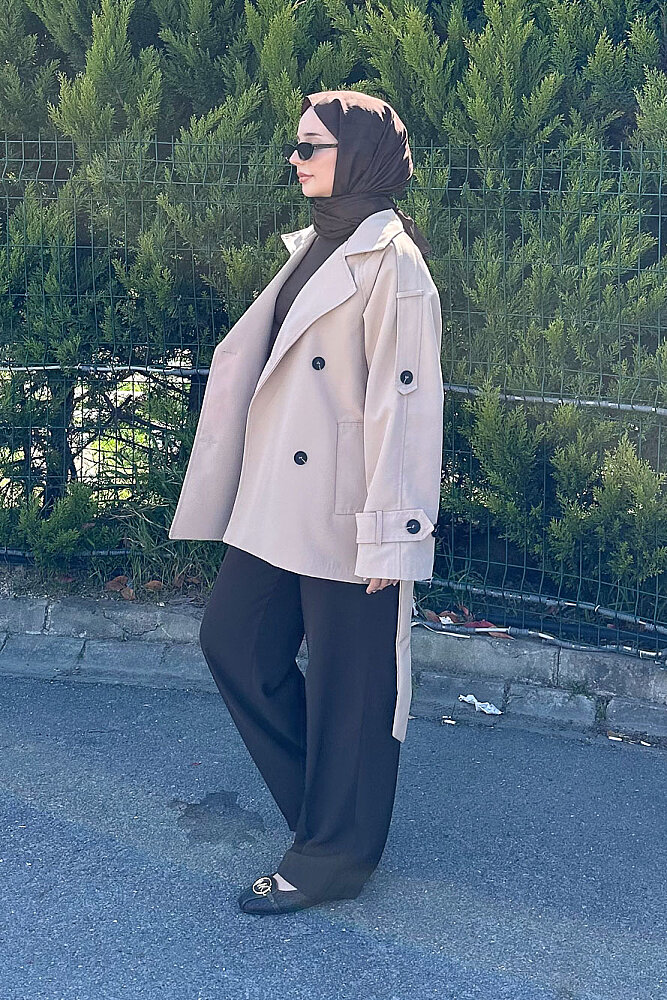 Kısa Astarlı Klasik Kemerli Trençkot - Bej - 7