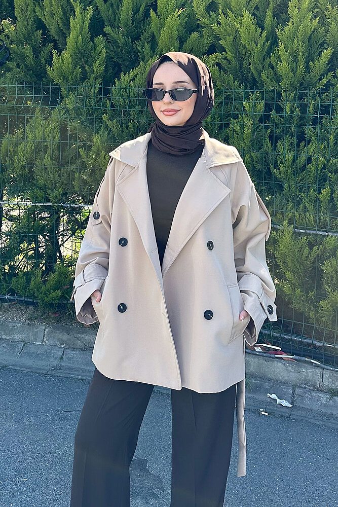 Kısa Astarlı Klasik Kemerli Trençkot - Bej - 3