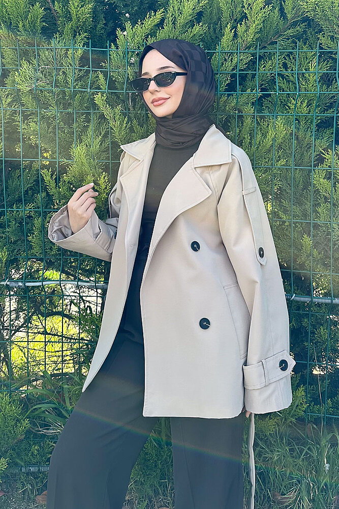 Kısa Astarlı Klasik Kemerli Trençkot - Bej - 8
