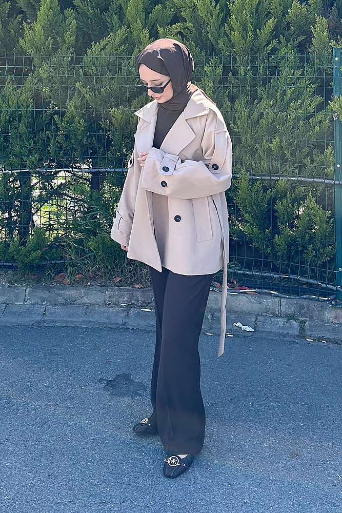 Kısa Astarlı Klasik Kemerli Trençkot - Bej - PUANE (1)