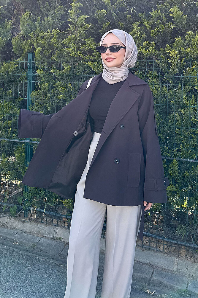 Kısa Astarlı Klasik Kemerli Trençkot - Kahverengi - PUANE (1)