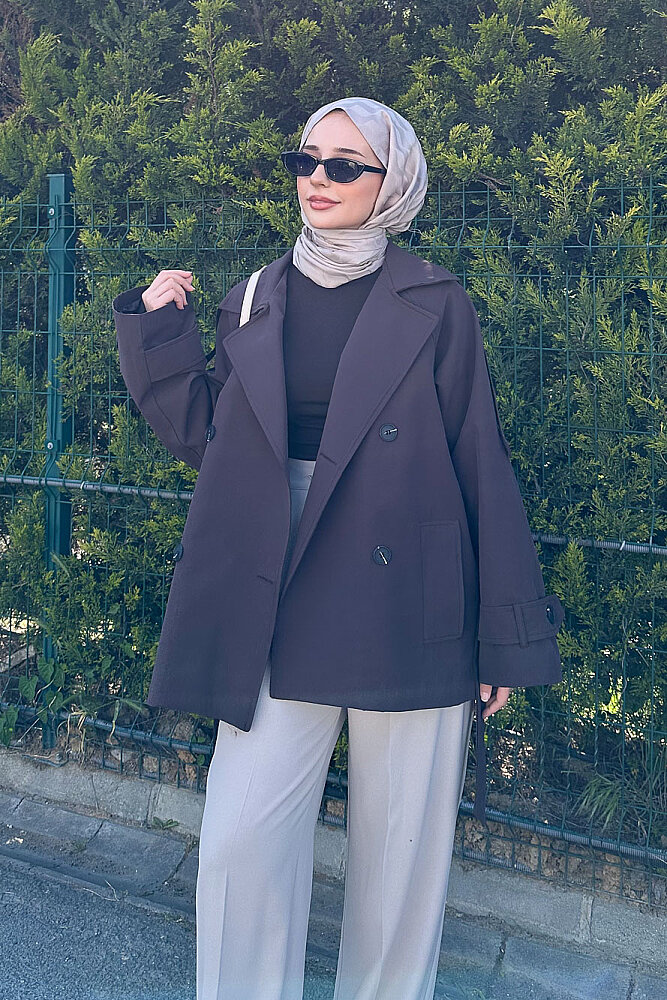 Kısa Astarlı Klasik Kemerli Trençkot - Kahverengi - PUANE (7)