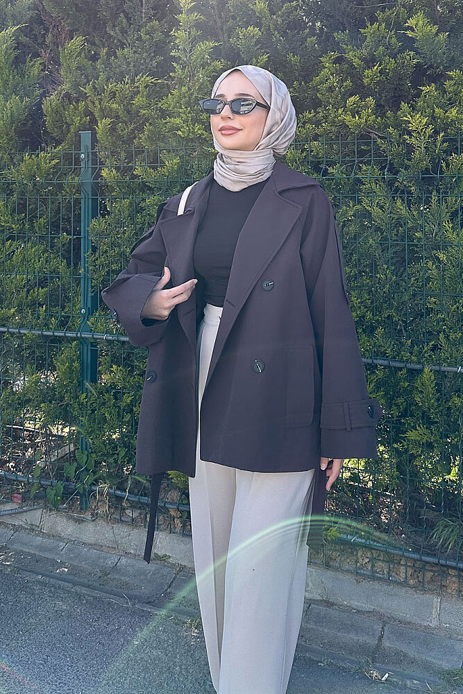Kısa Astarlı Klasik Kemerli Trençkot - Kahverengi - 1