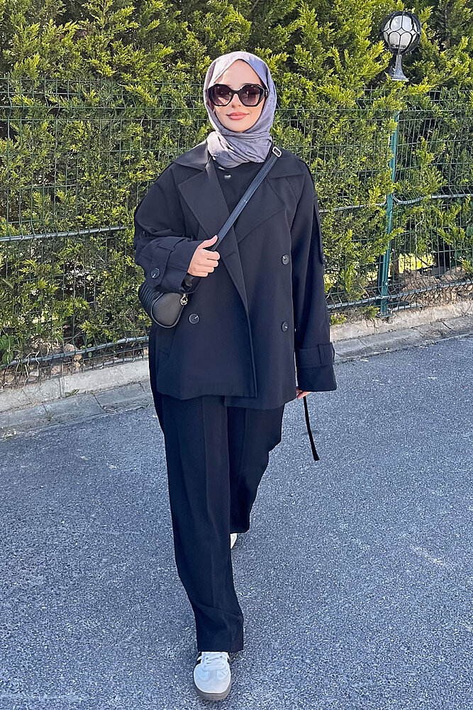 Kısa Astarlı Klasik Kemerli Trençkot - Siyah - 4