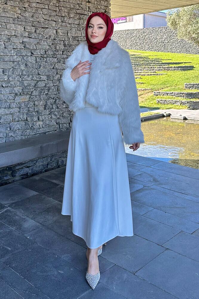 Kısa Şal Yaka Kürk Mont - Ekru - HENZA (1)