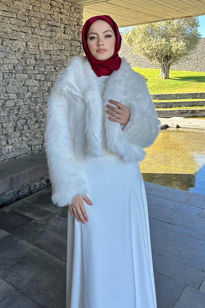 Kısa Şal Yaka Kürk Mont - Ekru - HENZA (2)