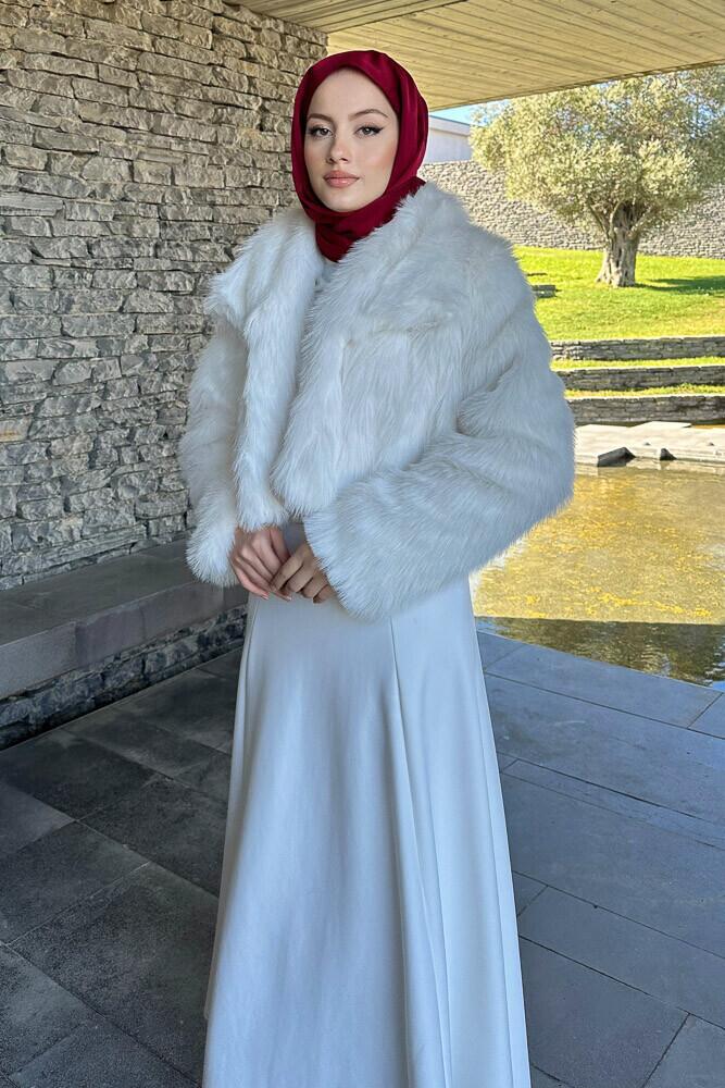 Kısa Şal Yaka Kürk Mont - Ekru - HENZA (5)