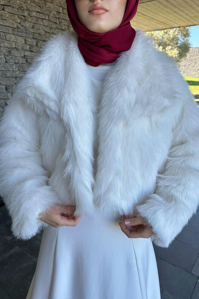Kısa Şal Yaka Kürk Mont - Ekru - HENZA (3)