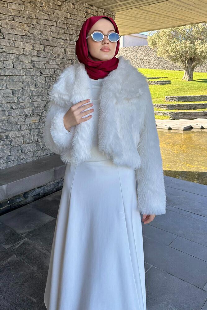 Kısa Şal Yaka Kürk Mont - Ekru - HENZA (4)