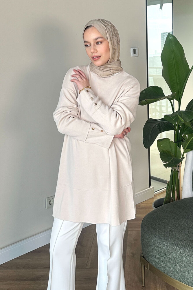 Kol Düğmeli Triko - Bej - 1