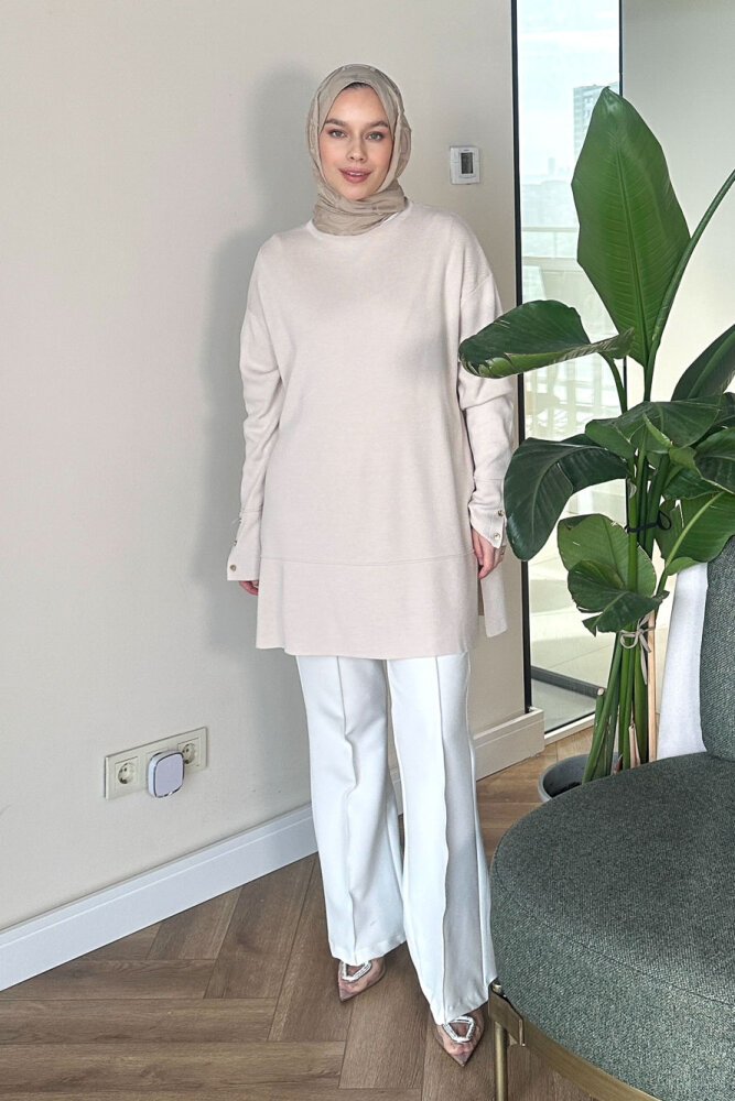 Kol Düğmeli Triko - Bej - 6