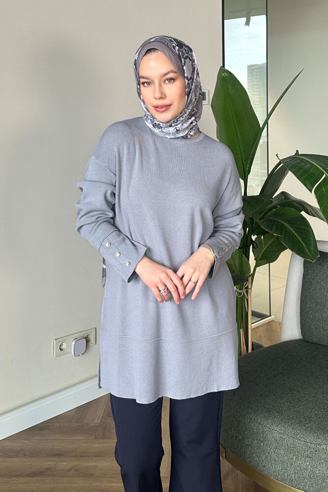 Kol Düğmeli Triko - Gri - 1