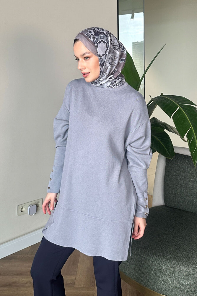 Kol Düğmeli Triko - Gri - 5