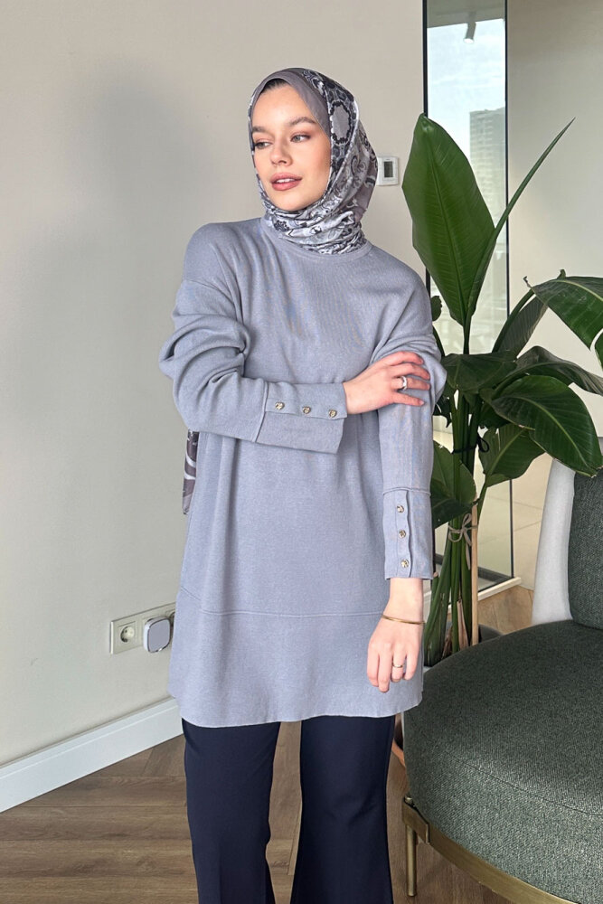 Kol Düğmeli Triko - Gri - 7