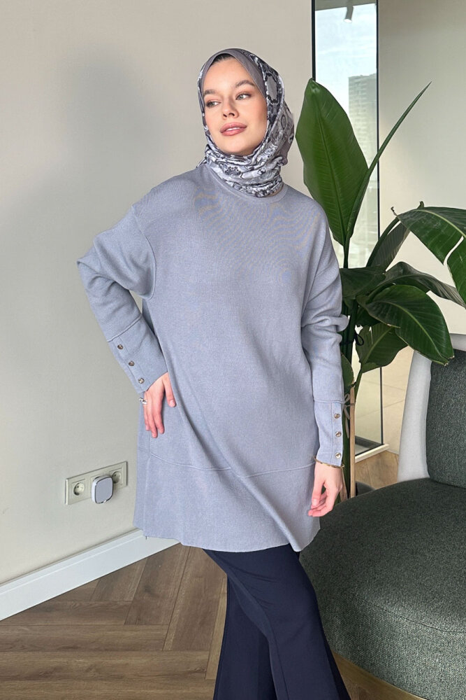 Kol Düğmeli Triko - Gri - İKOL (3)