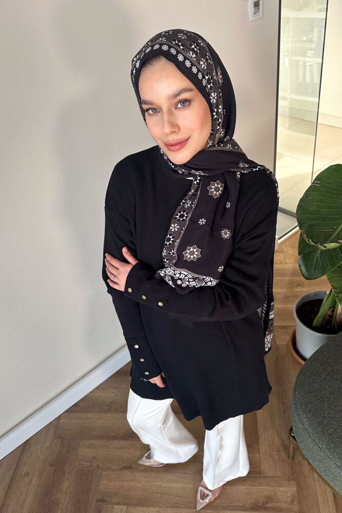 Kol Düğmeli Triko - Siyah - 1