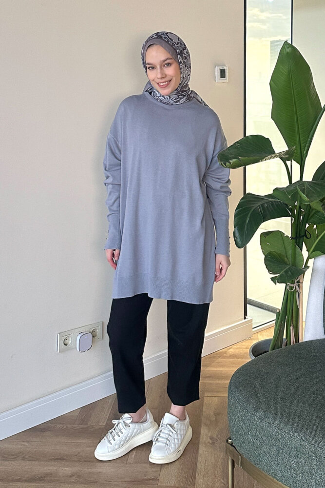 Kol Manşetli Düğmeli Triko - Gri - 3