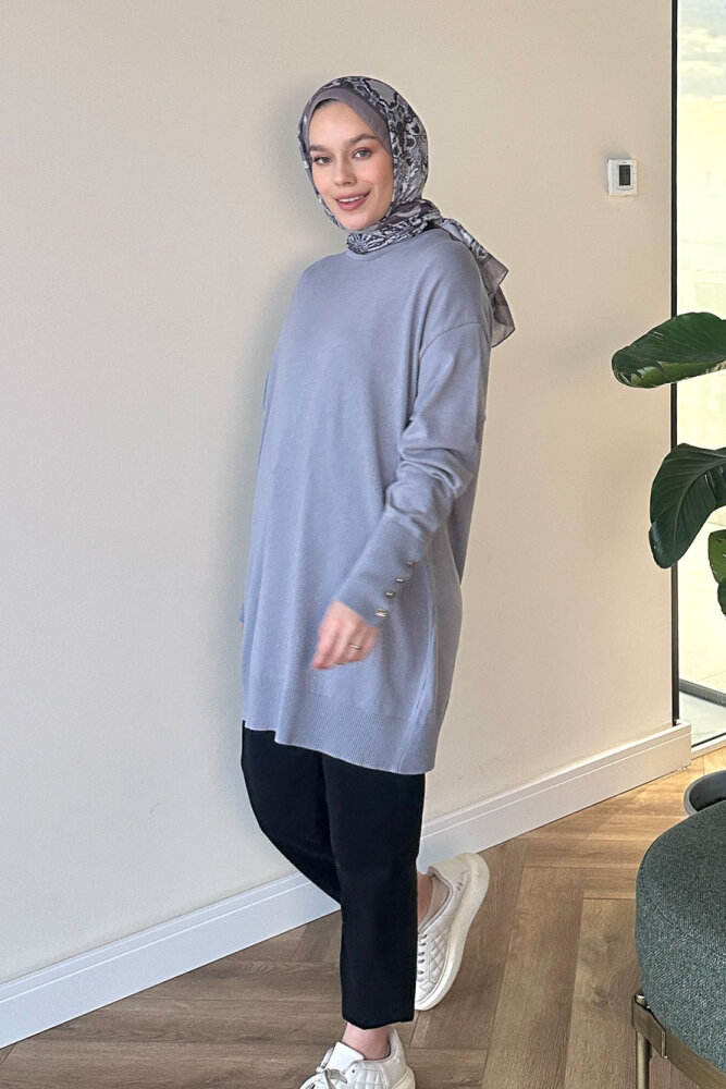 Kol Manşetli Düğmeli Triko - Gri - 4