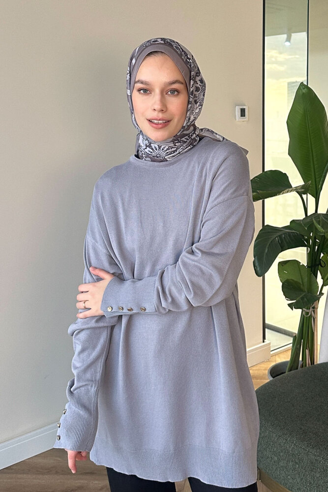 Kol Manşetli Düğmeli Triko - Gri - 8