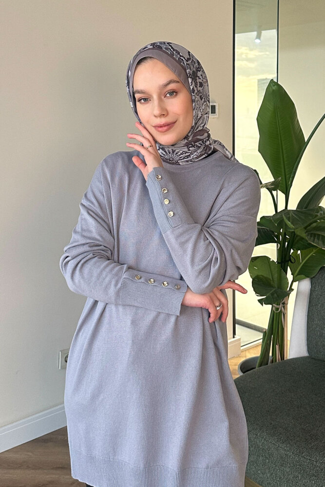 Kol Manşetli Düğmeli Triko - Gri - İKOL (0)