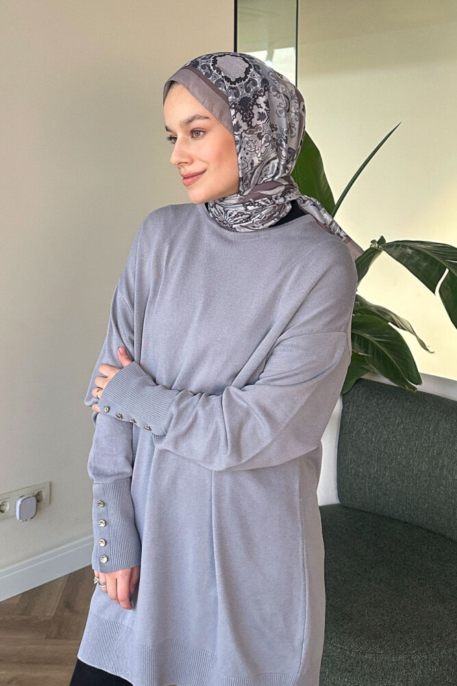 Kol Manşetli Düğmeli Triko - Gri - 5