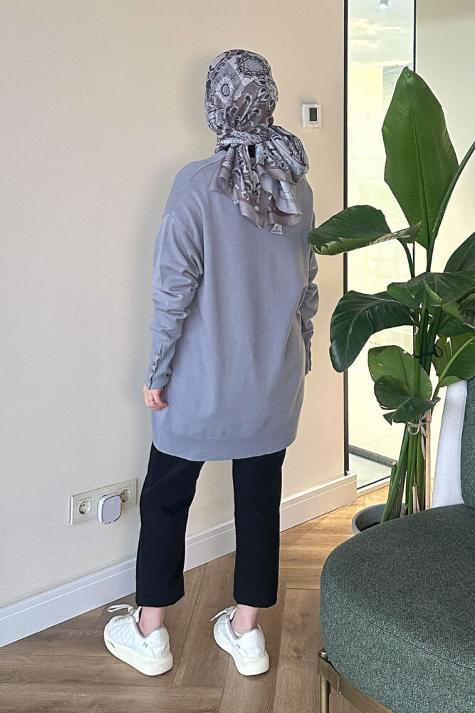 Kol Manşetli Düğmeli Triko - Gri - 6