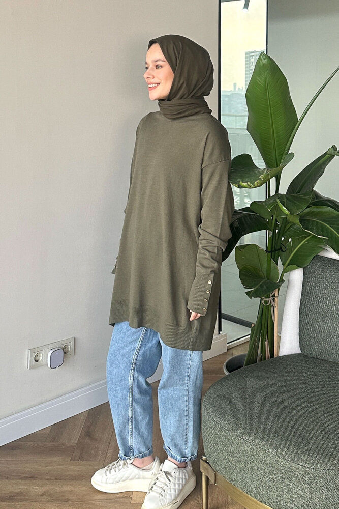 Kol Manşetli Düğmeli Triko - Haki - 1