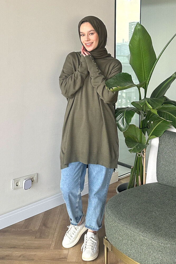 Kol Manşetli Düğmeli Triko - Haki - İKOL (3)