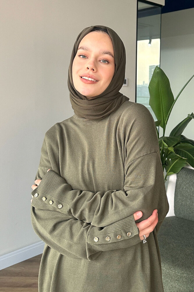 Kol Manşetli Düğmeli Triko - Haki - 2